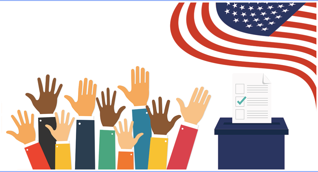 illustration shows diverse hands waving in air, U.S. flag, ballot box