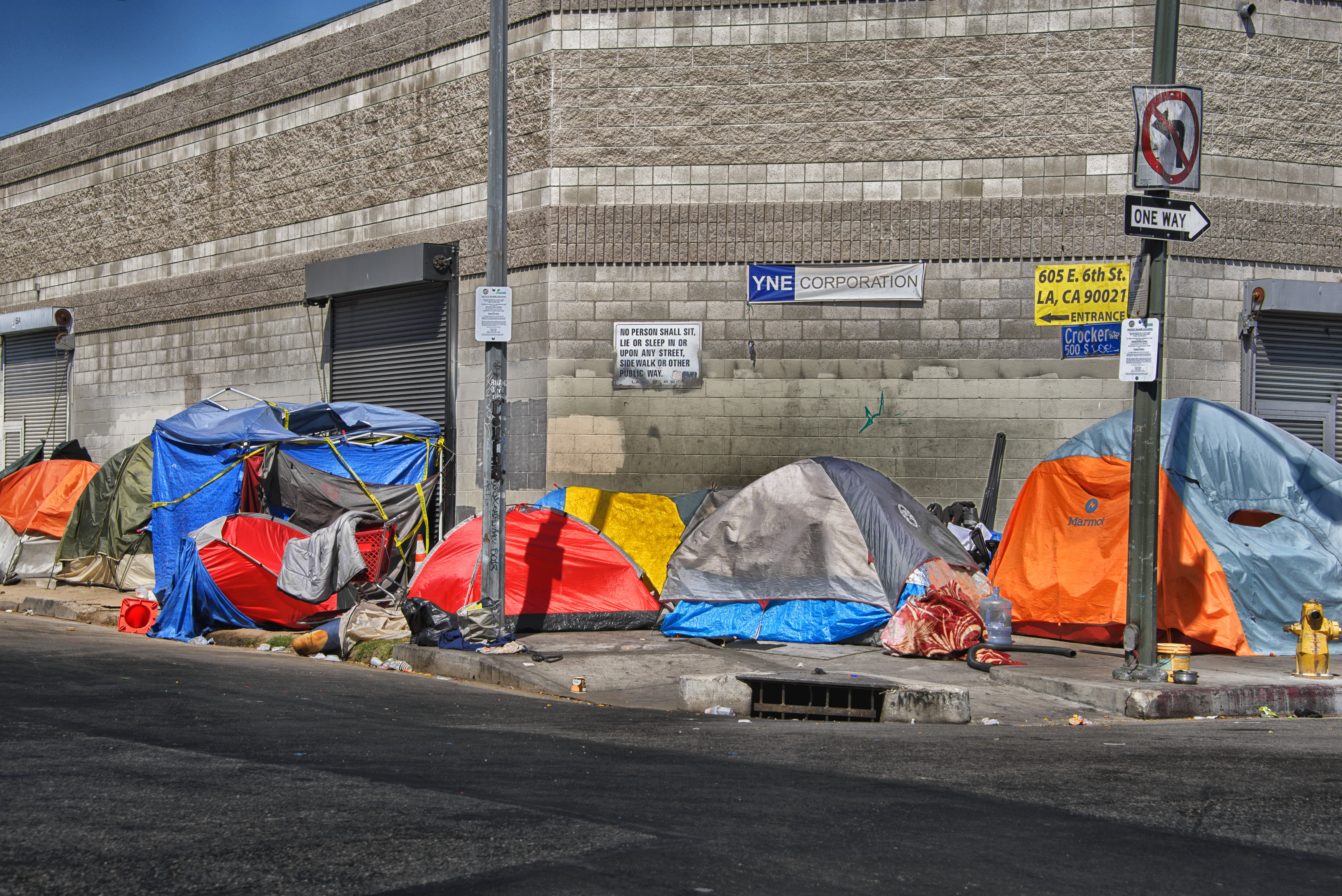 Tents along the street in Skid Row in downtown Los Angeles