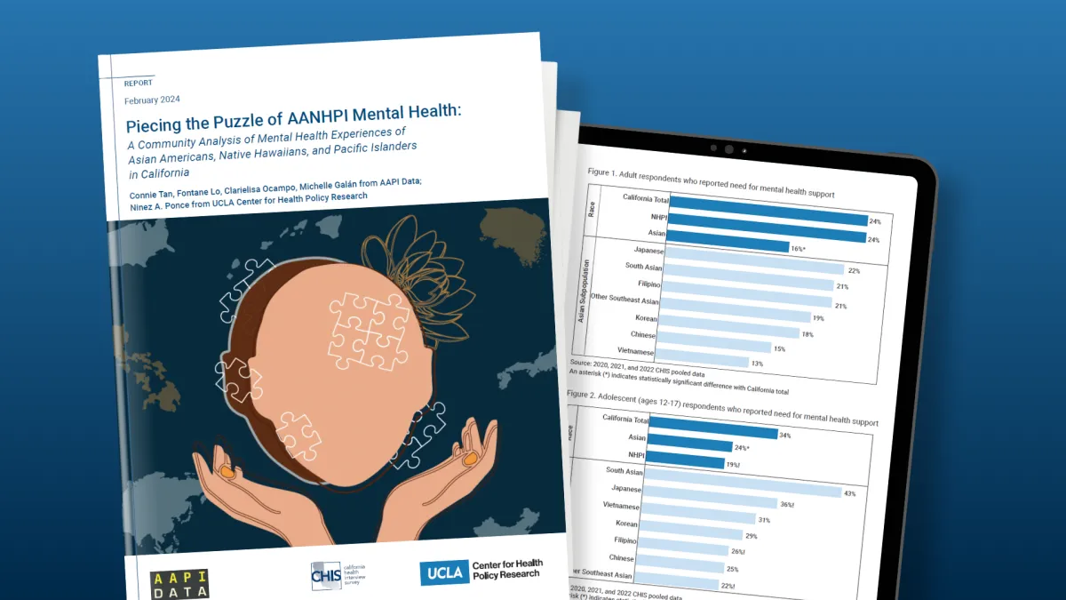 Illustration on the cover of AANHPI report shows a stylized face and hands