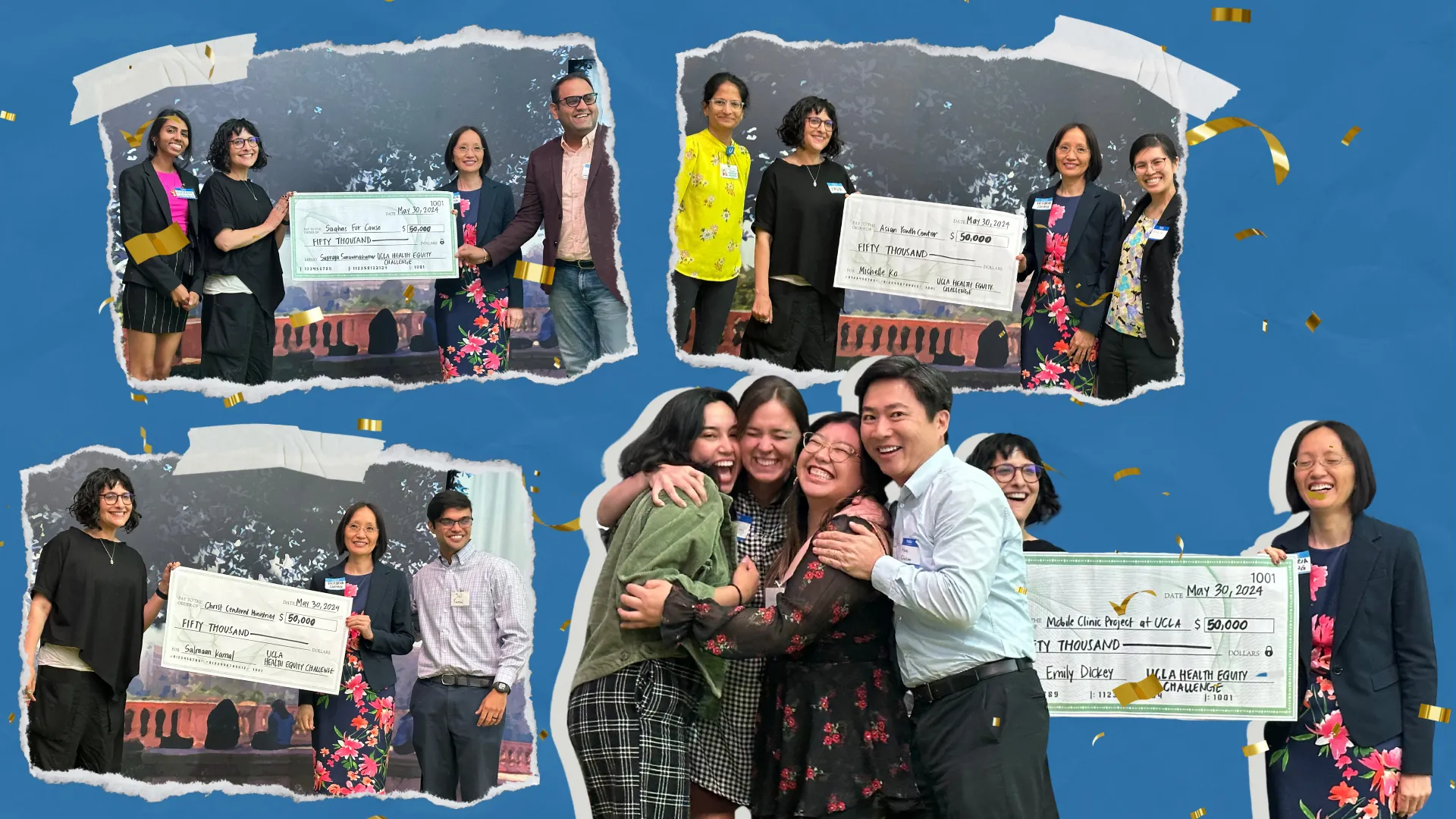 collage of photos of the four health equity challenge winners posing with their checks and funders