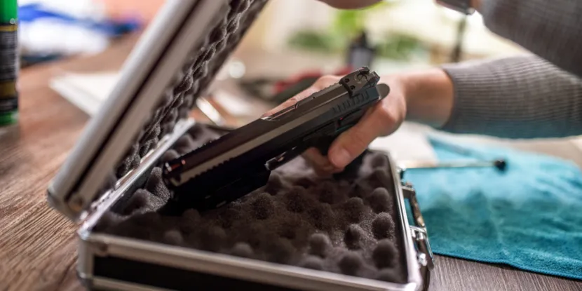 hand putting a gun into a case