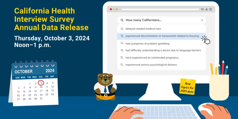 illustration of person typing queries about health experiences of Californians on a computer