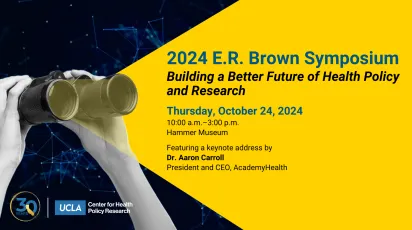 hands holding binoculars looking out into a yellow background with details about the 2024 ER Brown Symposium