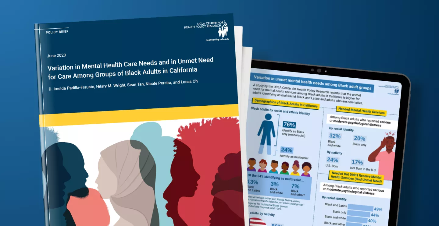 covers of mental health policy brief showing Black multiracial people and an infographic