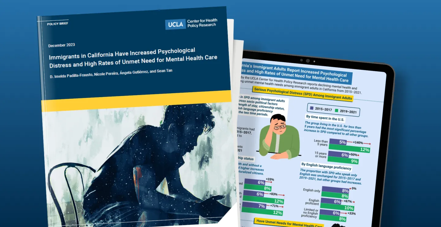 covers of a policy brief on immigrant mental health and an infographic