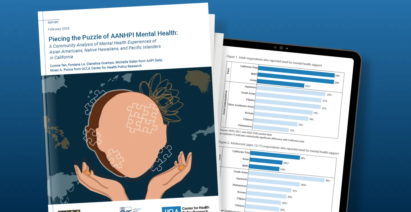 Illustration on the cover of AANHPI report shows a stylized face and hands