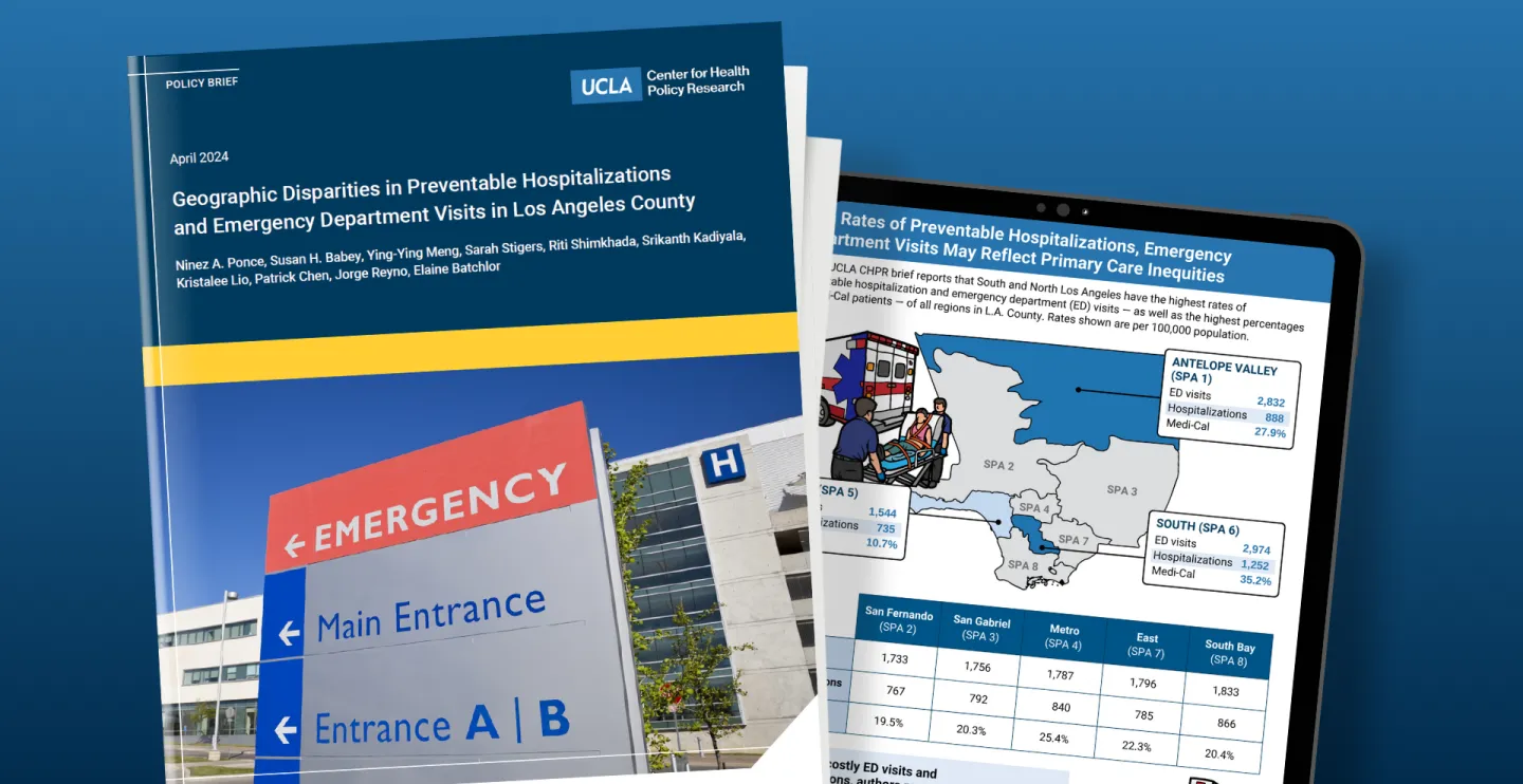 Snapshots of policy brief with image of hospital emergency room and infographic with map of Los Angeles County planning areas