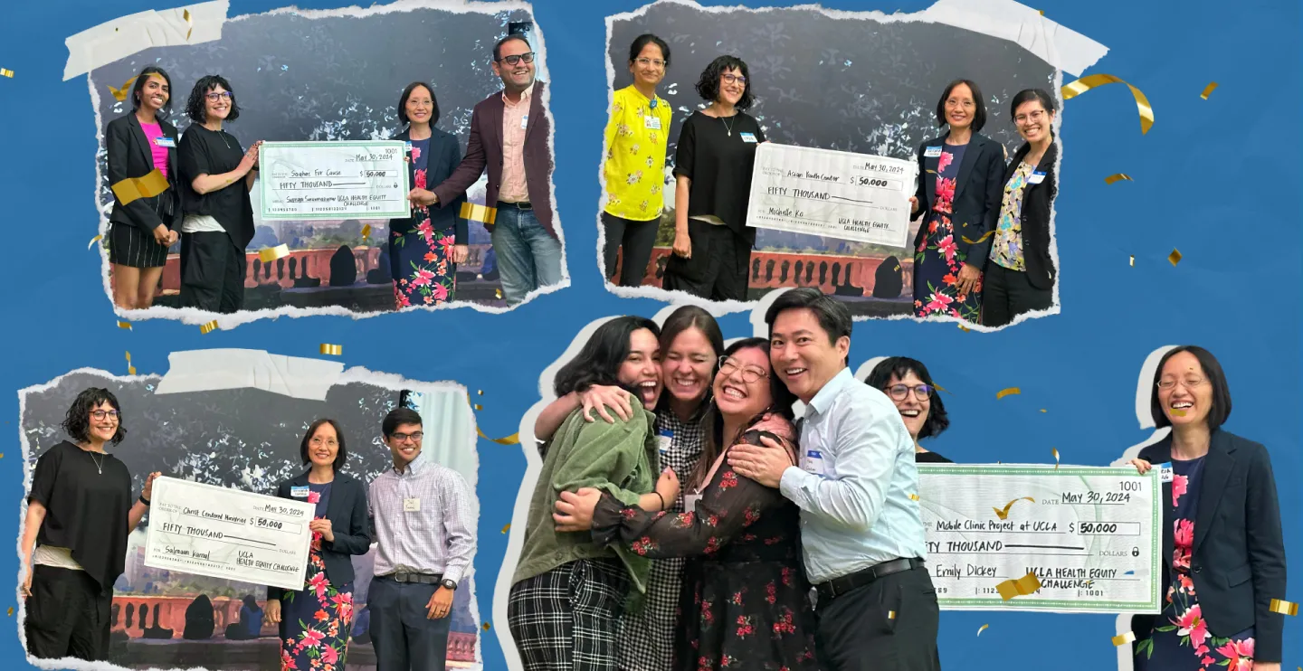 Collage of four photos of winners of the 2024 Health Equity Challenge. In each image the winners are posing with contest supporters and mentors.