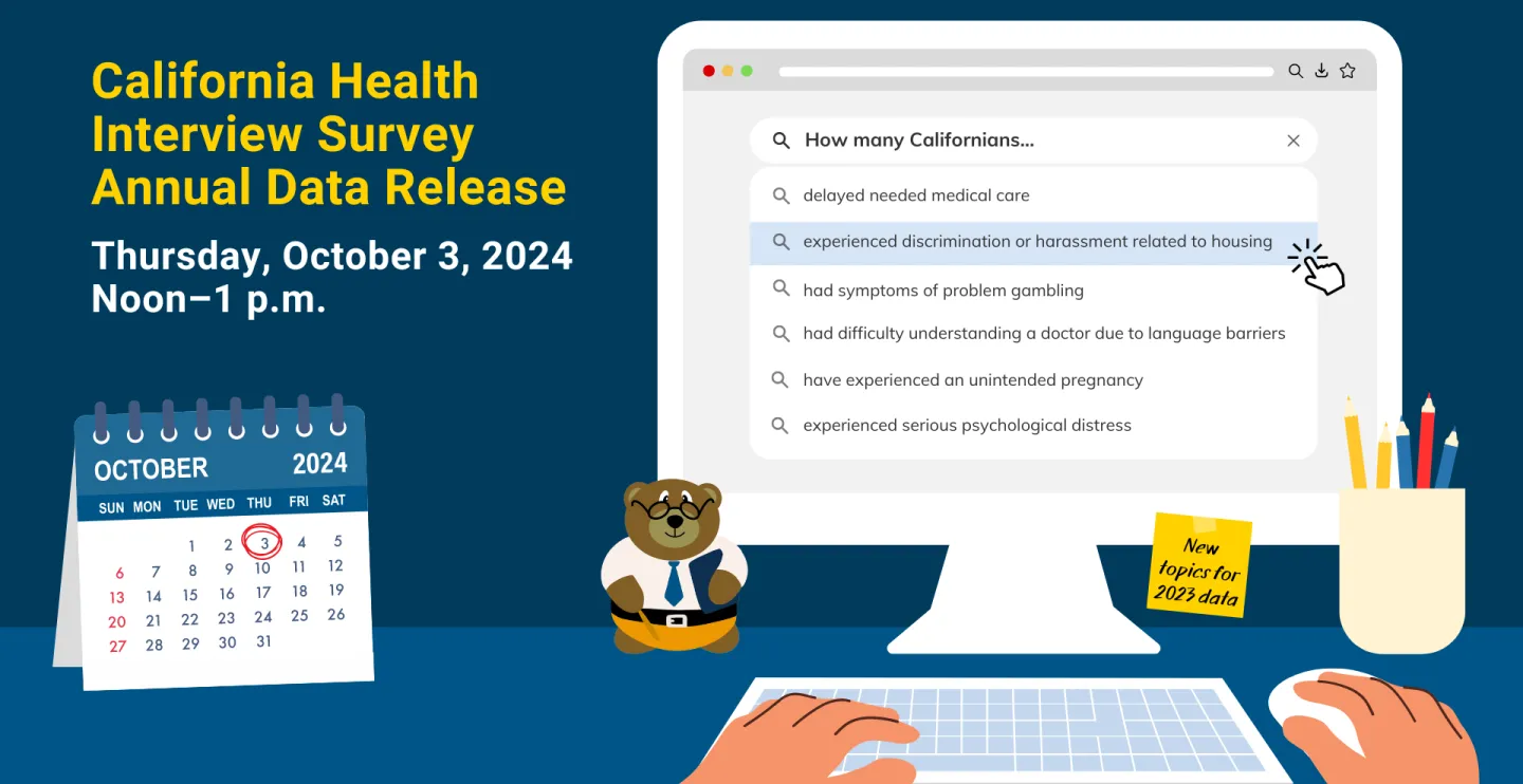 illustration of person typing queries about health experiences of Californians on a computer