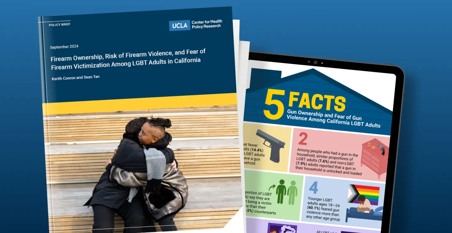 Report shows couple hugging, pad shows infographic with firearm facts