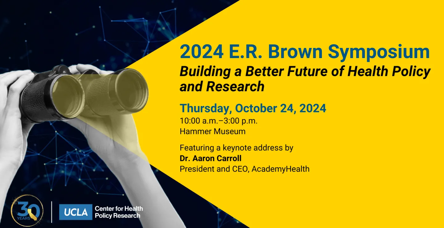 hands holding binoculars looking out into a yellow background with details about the 2024 ER Brown Symposium