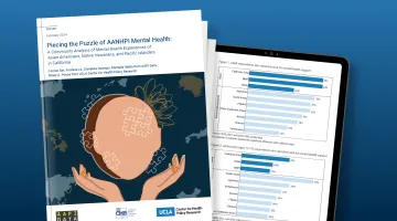 Illustration on the cover of AANHPI report shows a stylized face and hands