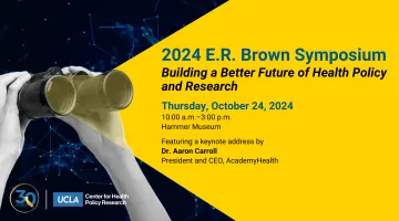 hands holding binoculars looking out into a yellow background with details about the 2024 ER Brown Symposium