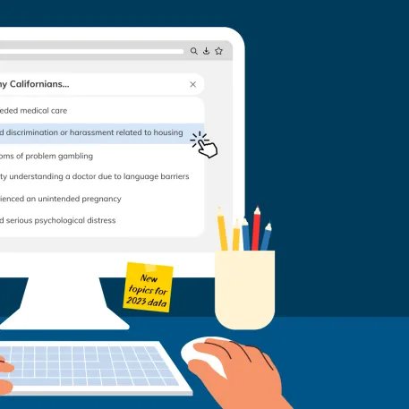 illustration of person typing queries about health experiences of Californians on a computer